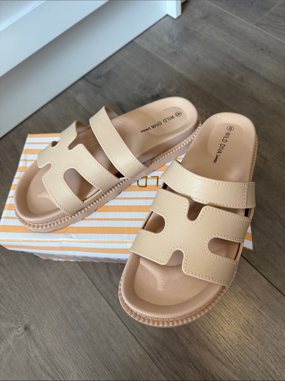Wild Diva Beige Double-Strap Slide Sandals